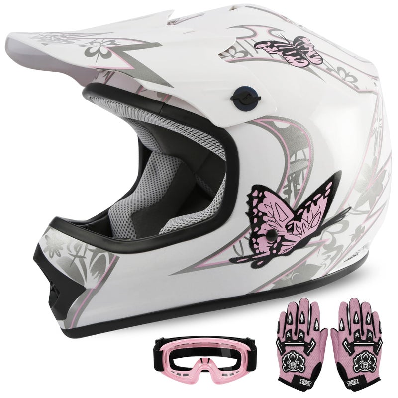 XFMT Kids Dirt Bike Helmet Youth Motorcycle Helmet DOT-Certified Full Face Helmets for Motocross ATV Off-Road Street Bike with Goggles & Gloves, Pink Butterfly Small - Image 1