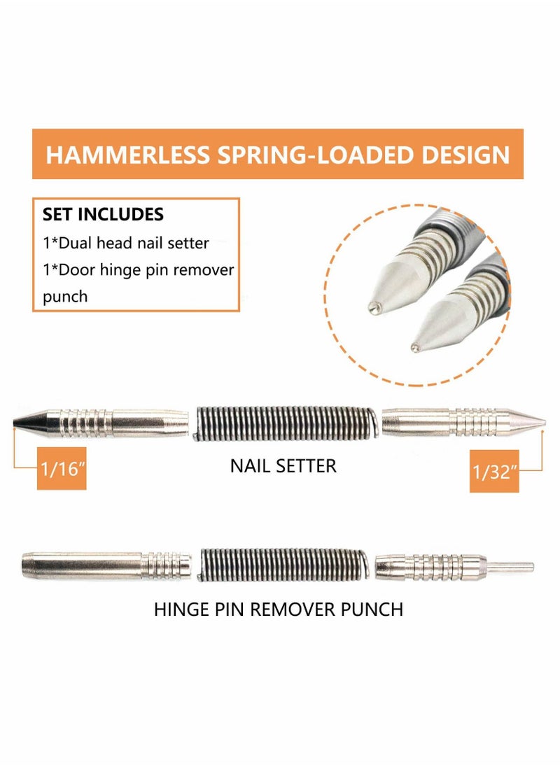 Y&D - Dual Head Nail Setter and Hinge Pin Tool Punch Set, 2 Pcs Spring Set 1/32″ 1/16″ Center Hammerless 3500 PSI Striking Force Door Removal - Image 1