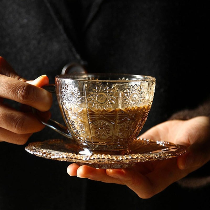 Vintage Amber Glass Coffee Cup and Saucer Set European Style for Afternoon Tea - Image 4