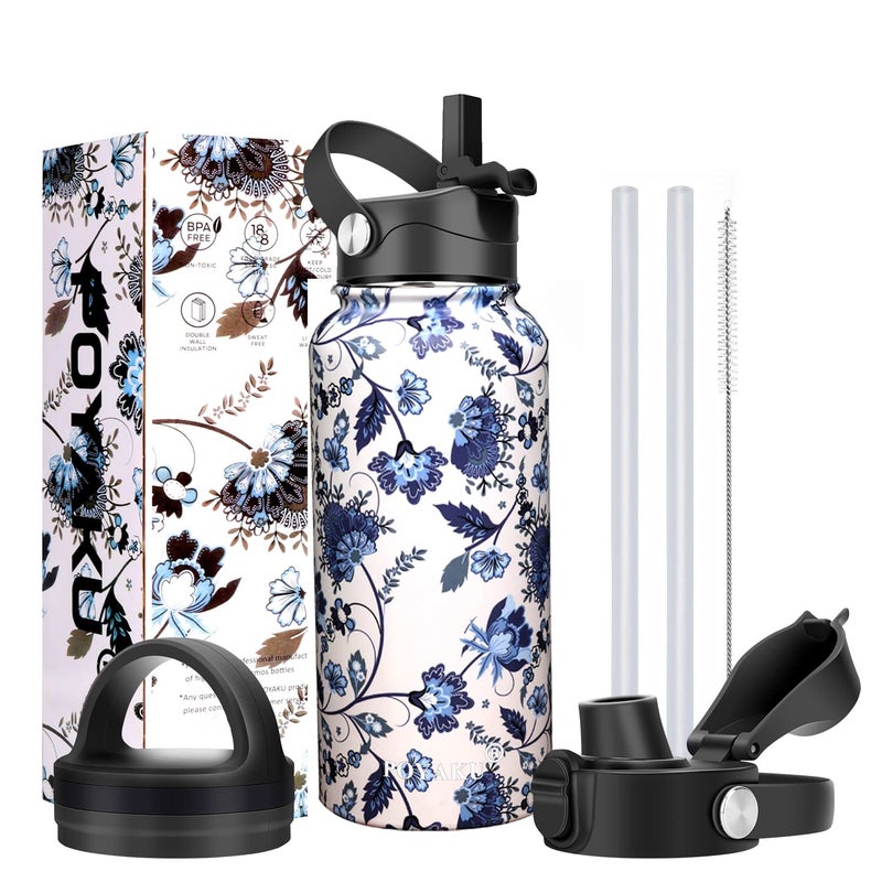 POYAKU Water Bottle Insulated 32oz 40oz 64oz 128oz Straw Lid Spout Lid & 3 Lids, Leak Proof, Vacuum Insulated,Stainless Steel Water Bottle Wide Mouth for Sports, Gym or Office (Ceramics, 32 oz) - Image 1