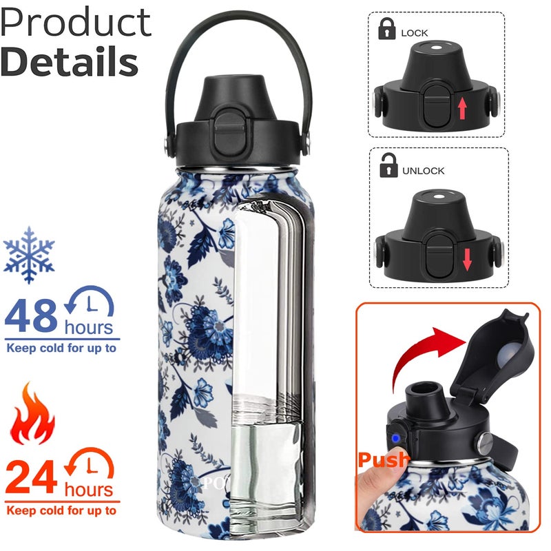 POYAKU Water Bottle Insulated 32oz 40oz 64oz 128oz Straw Lid Spout Lid & 3 Lids, Leak Proof, Vacuum Insulated,Stainless Steel Water Bottle Wide Mouth for Sports, Gym or Office (Ceramics, 32 oz) - Image 2