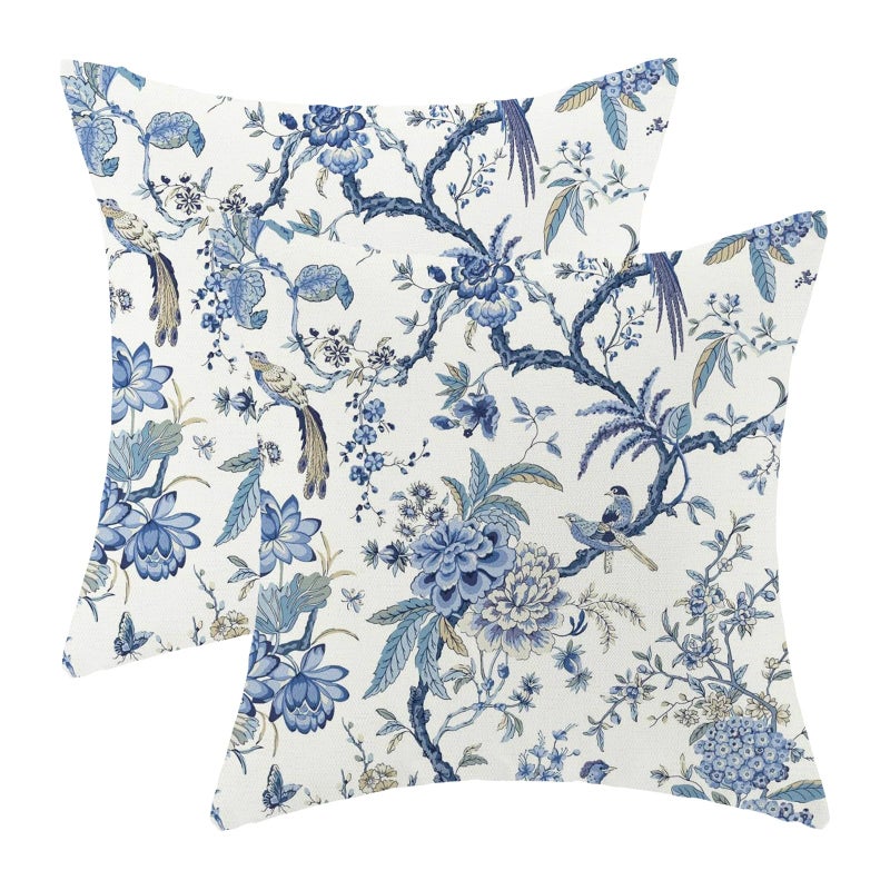 GIOPAMGO Chinoiserie Spring Pillow Covers 18x18 Set of 2, Vintage Bule Birds Flowers Farmhouse Decorations Throw Pillow Covers Blue and White Outdoor Decorative Linen Cushion Case for Couch Sofa Home - Image 1