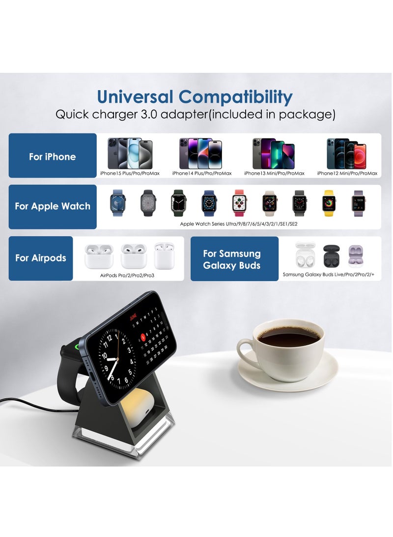 KASTWAVE Wireless Charger, 3 in 1 Wireless Charging Station with Night Lamp & Adapter, Wireless Charger iPhone 15/14/13/12, Wireless Charger Stand Apple Watch 9/8/7/6/5/4/3/2/SE, AirPods Pro/3/2, Samsung Buds - Image 3