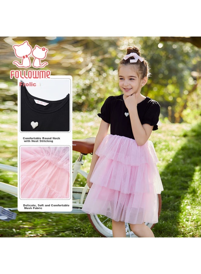 Follow Me Girls' Summer Dress, New Fashionable Princess Dress For Older Children, Sweet Tulle Skirt, Pink/black, Size 110