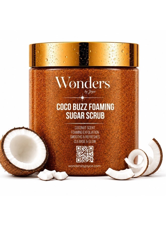 Wonders Coco Buzz Foaming Sugar Scrub 500ml – Coconut Scented Exfoliating Body Polish, Buffs Away Dead Skin, Glycerin Hydrates, Tan Prep for Women & Men - Image 1
