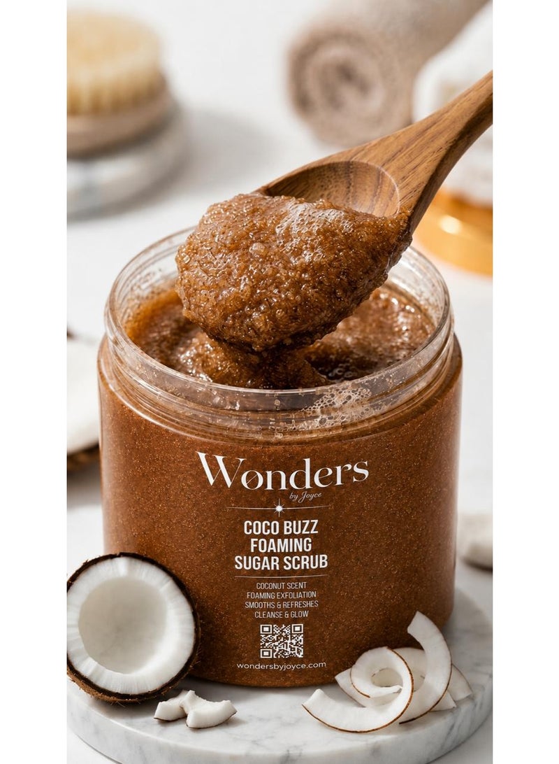 Wonders Coco Buzz Foaming Sugar Scrub 500ml – Coconut Scented Exfoliating Body Polish, Buffs Away Dead Skin, Glycerin Hydrates, Tan Prep for Women & Men - Image 3