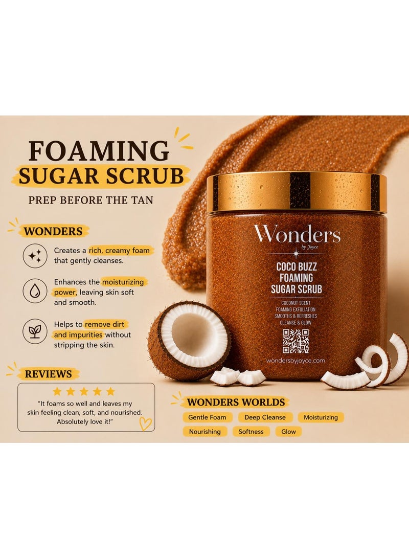 Wonders Coco Buzz Foaming Sugar Scrub 500ml – Coconut Scented Exfoliating Body Polish, Buffs Away Dead Skin, Glycerin Hydrates, Tan Prep for Women & Men - Image 5