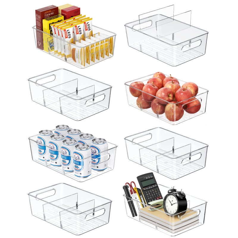 Mpotmiy Pantry Organizers and Storage Bins, 8 Pack Clear Plastic Storage Bins with Divider - Kitchen organizer, Fridge organizer, Cabinet organizer, Snack Organizer, Drawer Organizer - Image 1