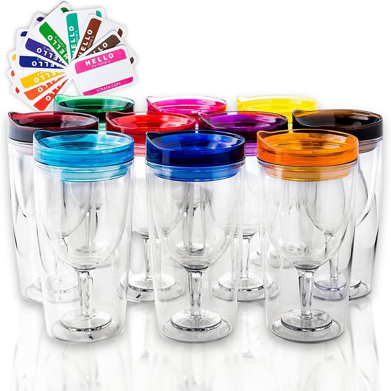 STRATA CUPS Insulated Wine Tumbler With Lid SET OF 10 BONUS Name Decals Outdoor Acrylic Plastic Wine Glasses 10oz Cup Tumblers in 10 Colors Adult Sippy Unbreakable Stemless Wine Glass