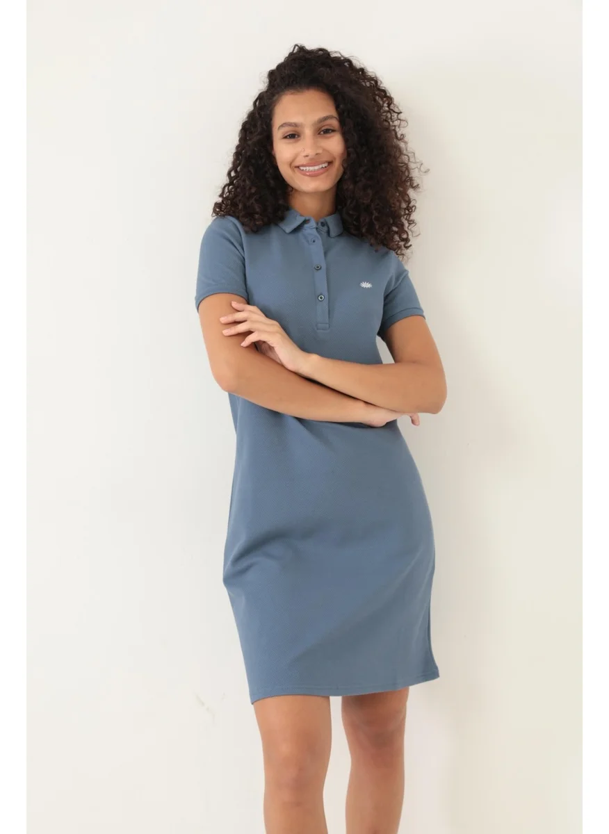 Miron Blue Women's Polo Collar Short Sleeve Knitted Dress -2431