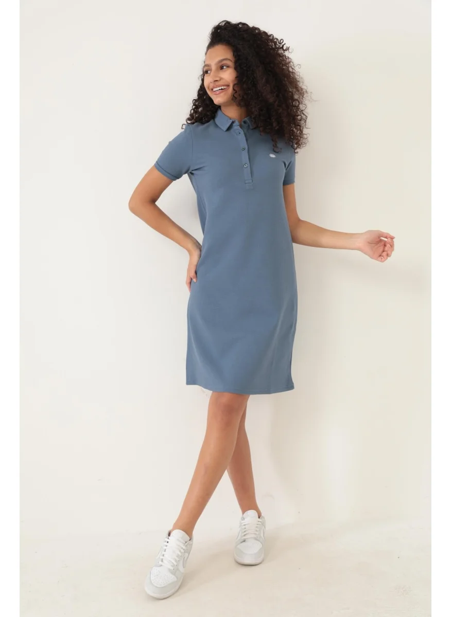 Miron Blue Women's Polo Collar Short Sleeve Knitted Dress -2431