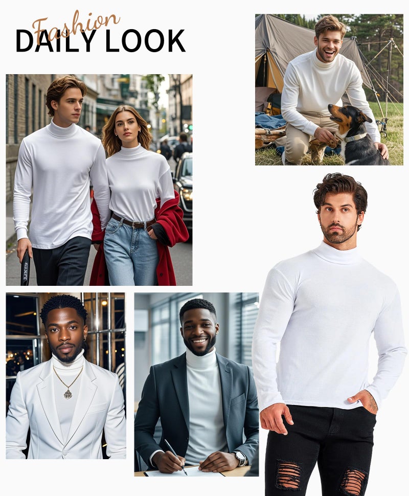 LONGBIDA Men Slim Fit Lightweight Long Sleeve Pullover Top Turtleneck T-Shirt(White,L) - Image 2