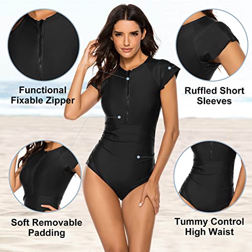 Wolddress Women Modest One Piece Bathing Suit Short Sleeve Tummy Control Swimsuit Zipper Surfing Athletic Rash Guard Black M - Image 2