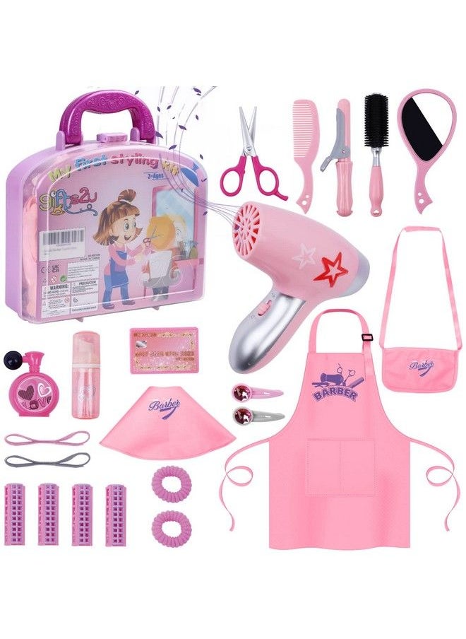 Gifts2U - مجموعة صالون تجميل للبنات مكونة من 23 قطعة، مجموعة ألعاب صالون تجميل للأطفال، مجموعة تصفيف شعر وهمية للبنات مع مجفف شعر وزي حلاق ومقص ومئزر وإكسسوارات تصفيف الشعر - Image 1