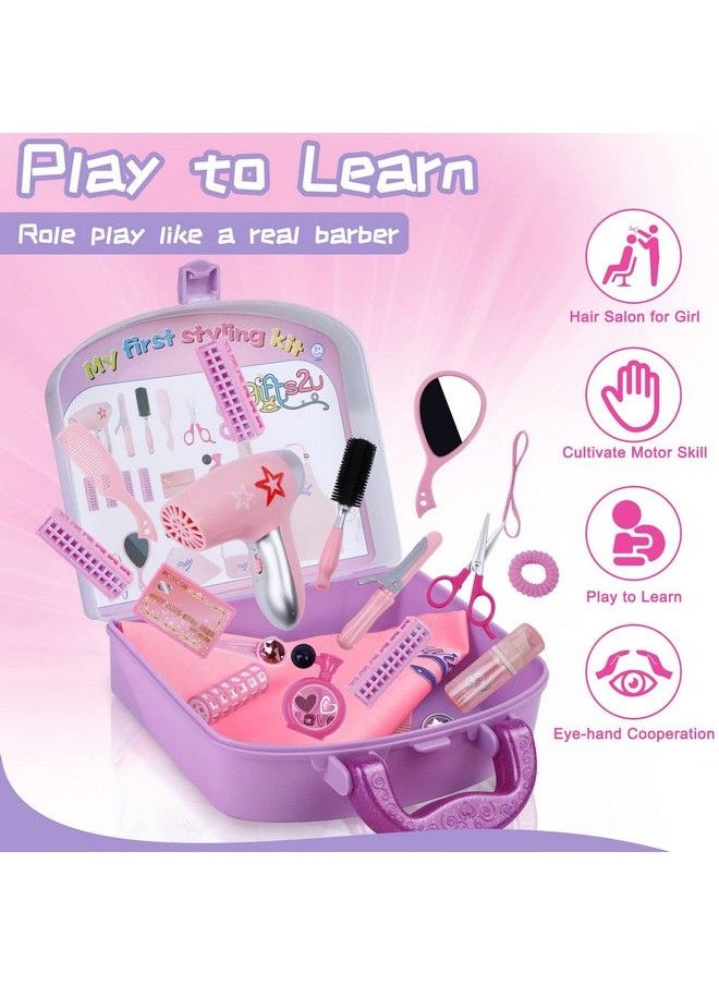 Gifts2U - مجموعة صالون تجميل للبنات مكونة من 23 قطعة، مجموعة ألعاب صالون تجميل للأطفال، مجموعة تصفيف شعر وهمية للبنات مع مجفف شعر وزي حلاق ومقص ومئزر وإكسسوارات تصفيف الشعر - Image 1