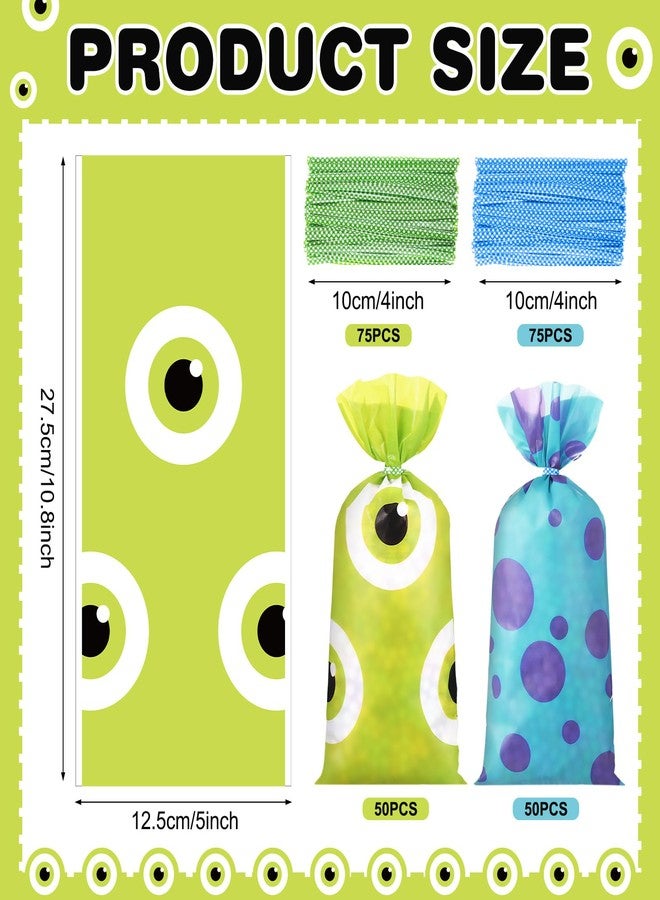 Marspark 100 Pcs Monster Birthday Party Goodie Bags with Ties 10.8 x 5 Inch Blue Purple Green in Cartoon Cellophane Gifts Bags Birthday Party Candy Supplies Decorations - Image 2