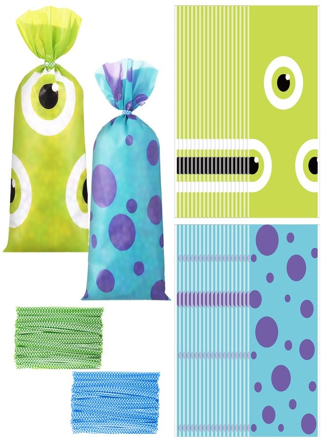 Marspark 100 Pcs Monster Birthday Party Goodie Bags with Ties 10.8 x 5 Inch Blue Purple Green in Cartoon Cellophane Gifts Bags Birthday Party Candy Supplies Decorations - Image 1