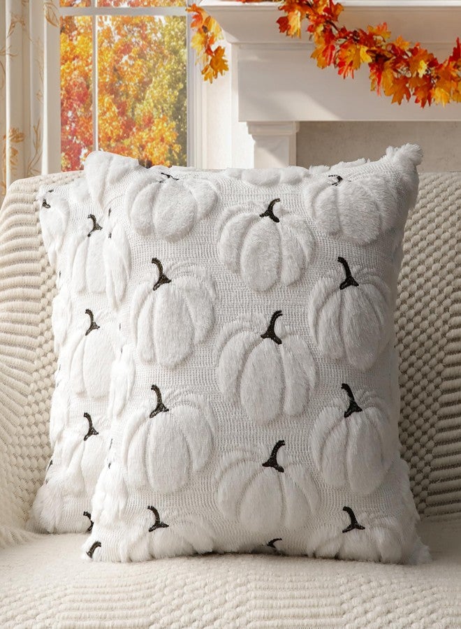 4TH Emotion Fall Pumpkins Decorative Pillow Covers 18x18 Set of 2, White Soft Plush Faux Fur Wool Farmhouse Throw Cushion Cases for Autumn Thanksgiving Holiday Home Decorations - Image 1