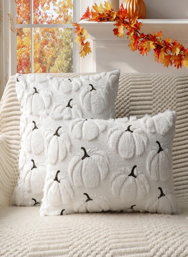 4TH Emotion Fall Pumpkins Decorative Pillow Covers 18x18 Set of 2, White Soft Plush Faux Fur Wool Farmhouse Throw Cushion Cases for Autumn Thanksgiving Holiday Home Decorations - Image 4