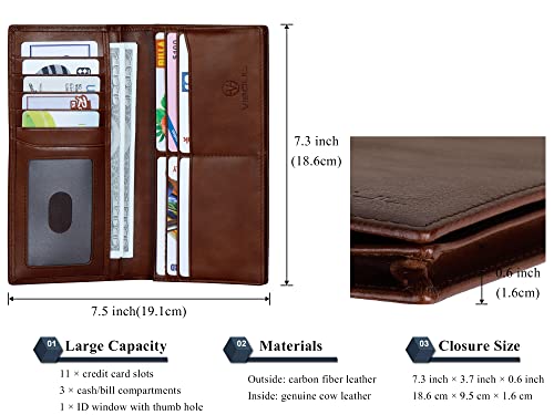 VISOUL Leather Checkbook Cover Wallet for Men with RFID Blocking, Mens Long Bifold Cash Tall Wallet with 11 Credit Card Slots 1 ID Window (Brown) - Image 3