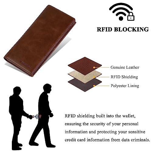 VISOUL Leather Checkbook Cover Wallet for Men with RFID Blocking, Mens Long Bifold Cash Tall Wallet with 11 Credit Card Slots 1 ID Window (Brown) - Image 4