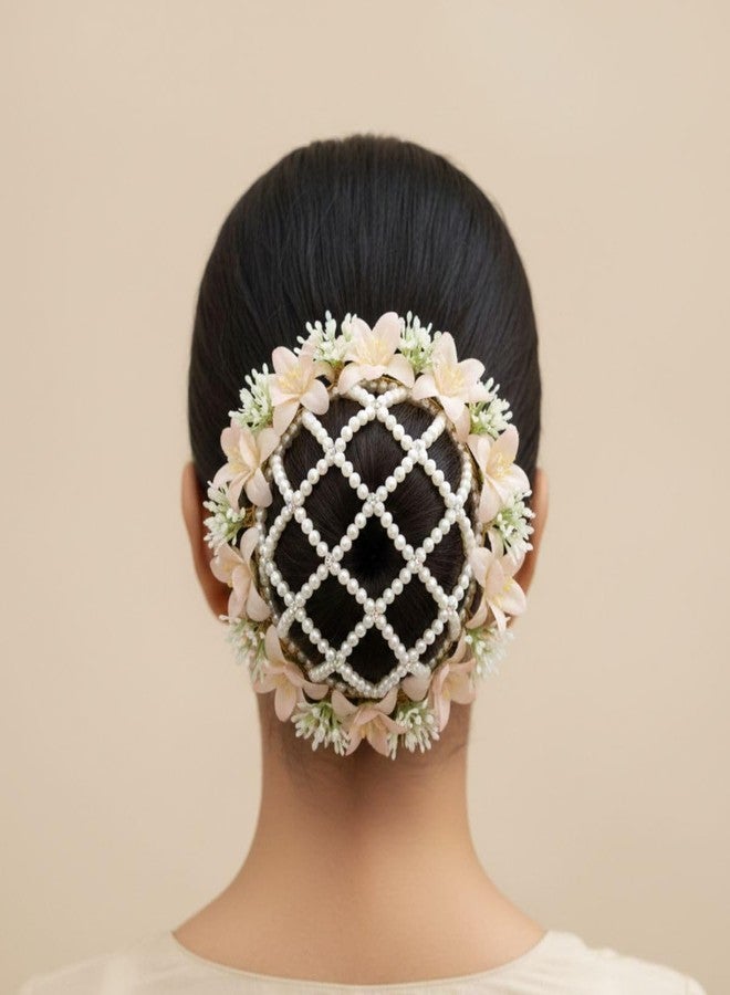 Jwella Elegant Floral Hair Bun Juda Maker for Women | Pearl & Artificial Flower Juda Accessory for Bridal, Party & Festive Hairstyles | Trendisia - Image 3