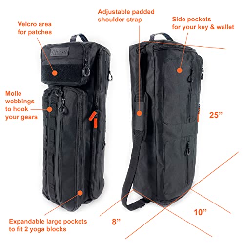 Fitdom Tactical Inspired Yoga Bag for Adult Men. Heavy Duty Yoga Bags and Carriers Fits All Your Stuff. Yoga Mat Bag with Expandable Compartment for 2 Yoga Blocks & Multiple Pockets - Yoga Mat Carrier - Image 5