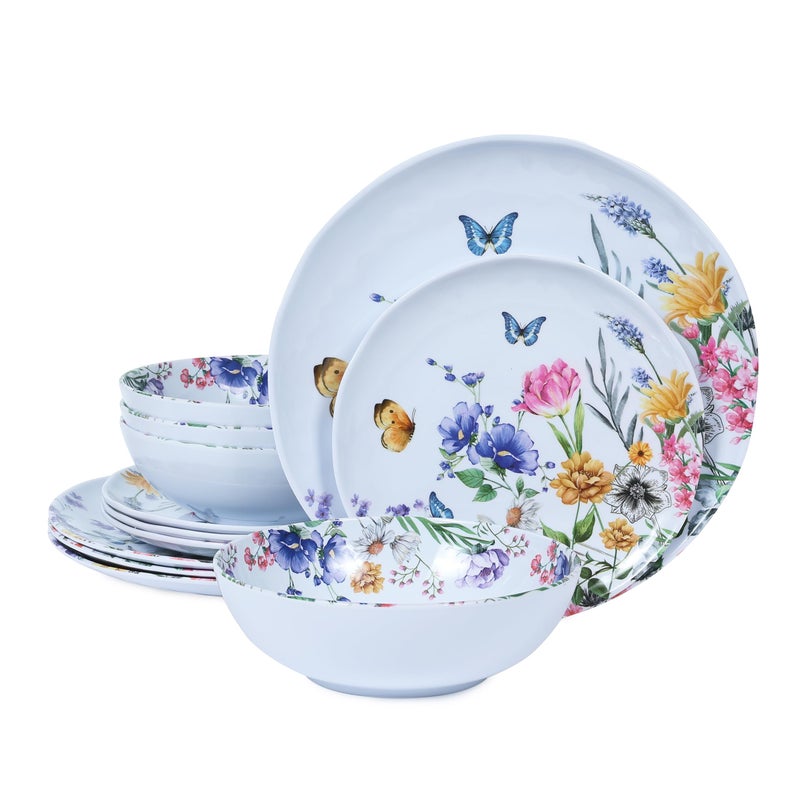 Lechoo 12 Piece Melamine Dinnerware Sets - Plates And Bowls Sets Floral Dinnerware Sets- Spring Camping Dishs Indoor Outdoor Use,Flowers And Butterflies Pattern - Image 1