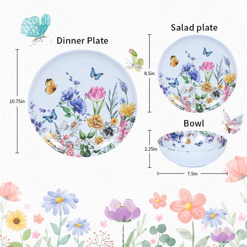 Lechoo 12 Piece Melamine Dinnerware Sets - Plates And Bowls Sets Floral Dinnerware Sets- Spring Camping Dishs Indoor Outdoor Use,Flowers And Butterflies Pattern - Image 2