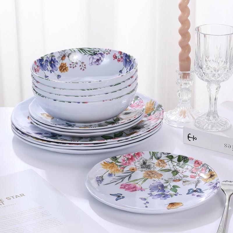 Lechoo 12 Piece Melamine Dinnerware Sets - Plates And Bowls Sets Floral Dinnerware Sets- Spring Camping Dishs Indoor Outdoor Use,Flowers And Butterflies Pattern - Image 5