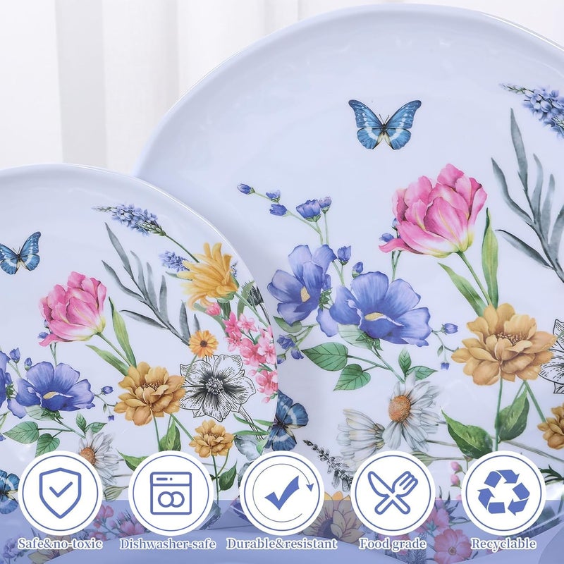 Lechoo 12 Piece Melamine Dinnerware Sets - Plates And Bowls Sets Floral Dinnerware Sets- Spring Camping Dishs Indoor Outdoor Use,Flowers And Butterflies Pattern - Image 4