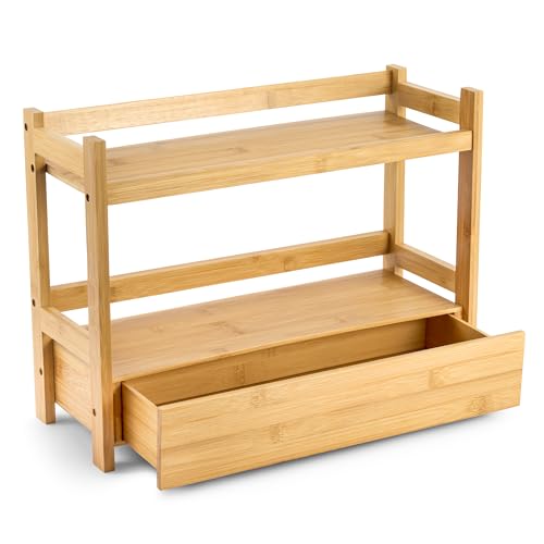 Sorbus Bamboo Bathroom Counter Organizer 2Tier Shelf with Hidden Drawer for Vanity Matcha Station Bathroom Sink Organizer Countertop Kitchen Office Storage 17Lx65Wx126H - Image 1