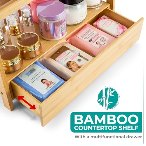 Sorbus Bamboo Bathroom Counter Organizer 2Tier Shelf with Hidden Drawer for Vanity Matcha Station Bathroom Sink Organizer Countertop Kitchen Office Storage 17Lx65Wx126H - Image 3