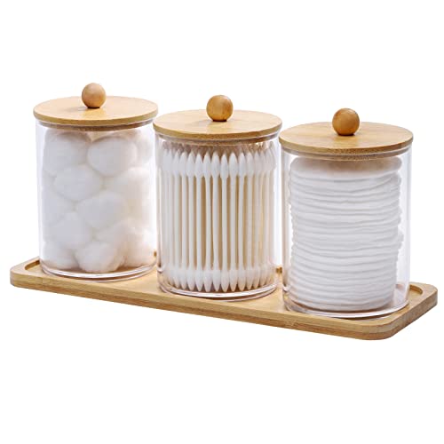 Tbestmax 10 Oz Cotton Swab/Ball/Pad Holder with Vanity Tray, Qtip Apothecary Jar, Clear Bathroom Containers Dispenser for Storage 3 Pack Wood Lids - Image 1