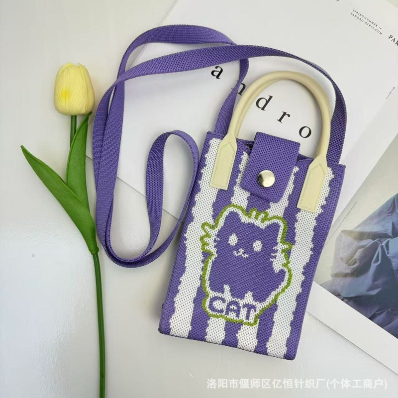 New Knitted Crossbody Mobile Phone Bag Fashionable All-Match Flower Cartoon Knitted Crossbody Bag Women'S Hand Tote Bag - Image 1