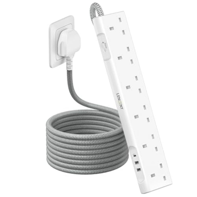 وصلة تمديد USB C، قطعة واحدة، للاستخدام المكتبي المنزلي، سلك مضفر، مصدر طاقة 3250 واط، أبيض، منافذ 6 اتجاهات + 1 USB-C + 2 منفذ USB - Image 1