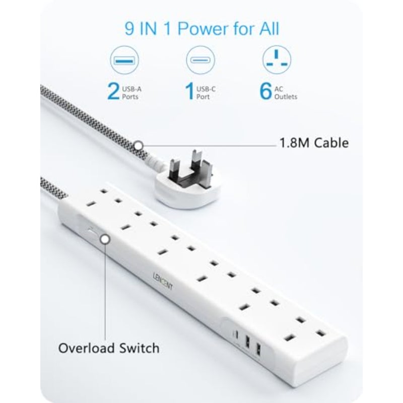 وصلة تمديد USB C، قطعة واحدة، للاستخدام المكتبي المنزلي، سلك مضفر، مصدر طاقة 3250 واط، أبيض، منافذ 6 اتجاهات + 1 USB-C + 2 منفذ USB - Image 2