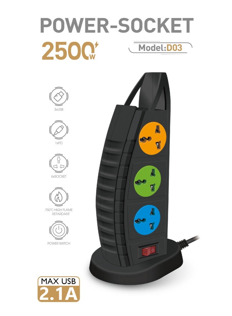 T G Smart Home Systems Styles 2500W 3 Power Socket Black - Image 1