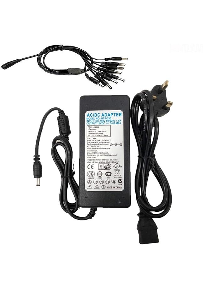 Ac Dc 12V 5A Power Adapter 12Volt 5Amp 60W Adaptor Desktop Switch Supply For Cctv Camera And Led Strip With Depatchable 1 To 8 Spliter Cable