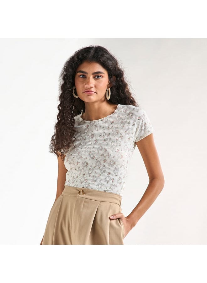 FAV All-Over Floral Detail Crew Neck T-shirt with Short Sleeves  - Image 1