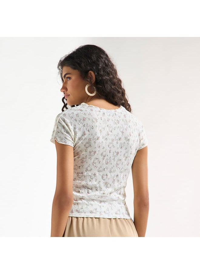 FAV All-Over Floral Detail Crew Neck T-shirt with Short Sleeves  - Image 3