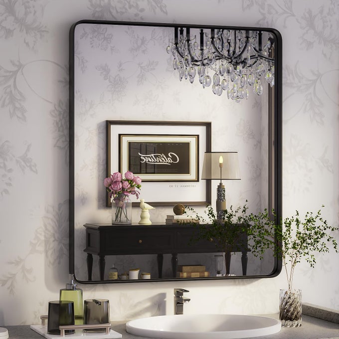 WALL FRAMED MIRROR FOR BATHROOM 28 X 36 RECTANGULAR HANGING MIRROR FARMHOUSE WALL MOUNTED MIRROR TEMPERED GLASS