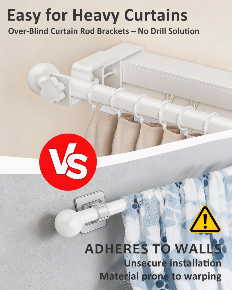 Mimiio No Drill Curtain Rod Brackets for Outside-Mount Blinds, Tool-Free Over-Blind Curtain Rod Holders, Fits 1-2" Rectangular Headrails, No Wall Damage, Renter Friendly Window Hardware, 3 Pack, White - Image 4
