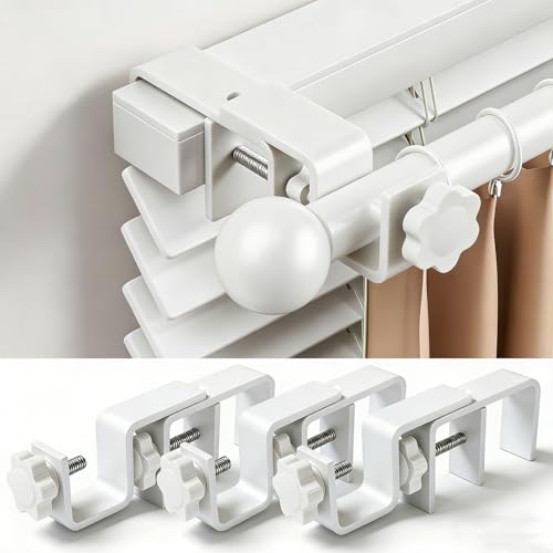 Mimiio No Drill Curtain Rod Brackets for Outside-Mount Blinds, Tool-Free Over-Blind Curtain Rod Holders, Fits 1-2" Rectangular Headrails, No Wall Damage, Renter Friendly Window Hardware, 3 Pack, White - Image 1