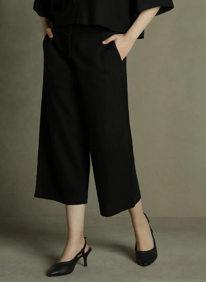 Dennis Lingo Black Relaxed Fit Culottes Trouser for Women - Cotton Poplin, Full Length, Mid Rise, Casual,
