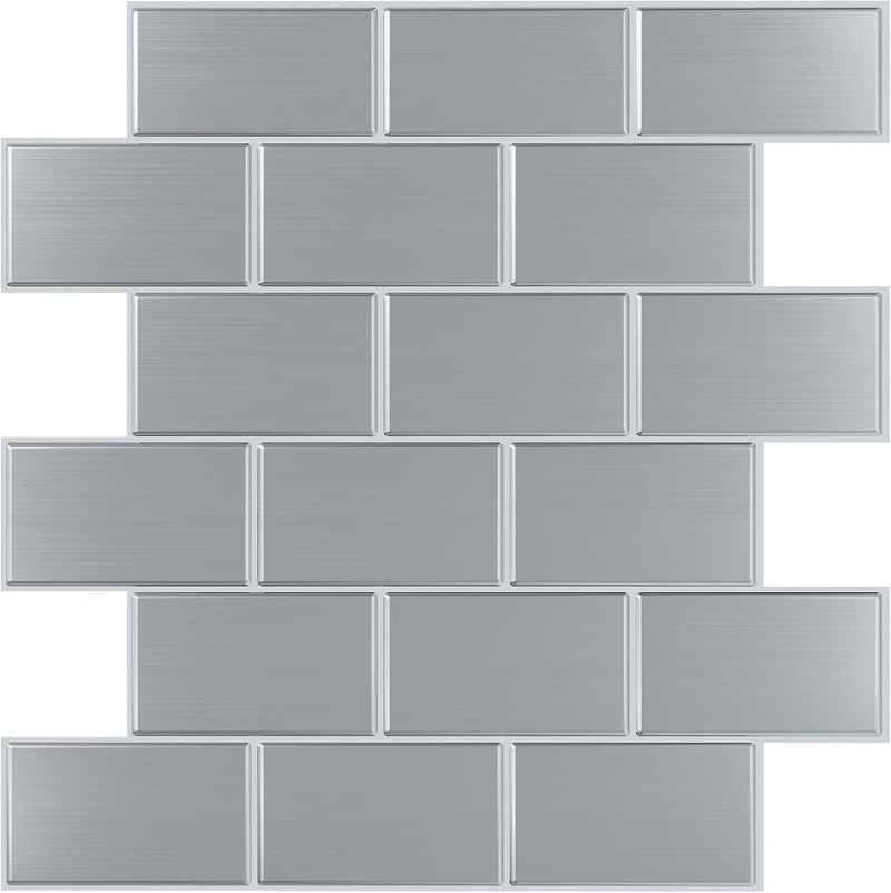 CHIHUT 6 Sheets 12''x12'' Brushed Silver Stainless Steel Subway Peel and Stick Backsplash Tiles Waterproof Self Adhesive Wall Tiles for Kitchen Bathroom Shower Walls Renter Friendly Back Splash - Image 1