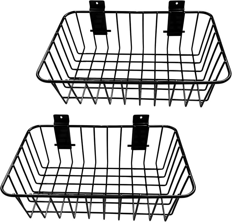 2 Pack Black Metal Slatwall Baskets, Large Carbon Steel Organizers with Hooks for Efficient Storage, 13.4×7.5×4.3 - Image 1