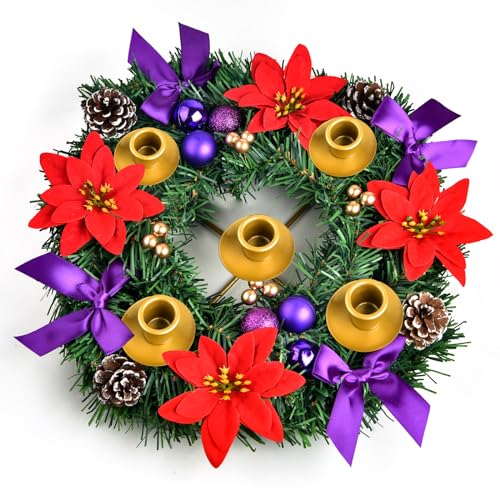 Kenburg 12 Inch Christmas Advent Wreath 5 Candle Holder with Metal Candle Cups for Taper Candles Fire Retardant Centerpiece Decorations for Table Indoor Home Church(No Candles) - Image 2