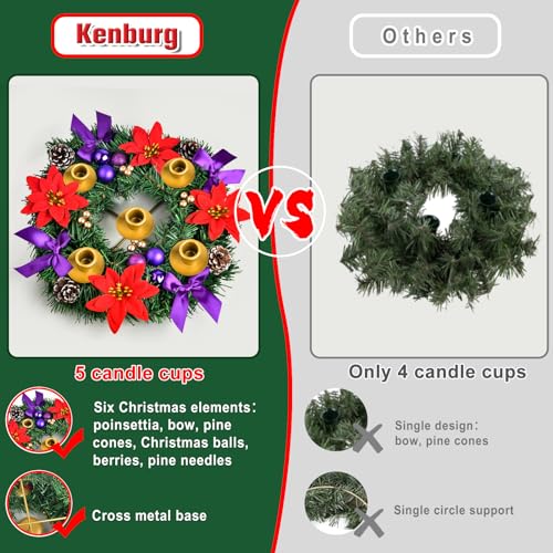 Kenburg 12 Inch Christmas Advent Wreath 5 Candle Holder with Metal Candle Cups for Taper Candles Fire Retardant Centerpiece Decorations for Table Indoor Home Church(No Candles) - Image 5