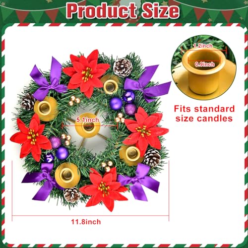 Kenburg 12 Inch Christmas Advent Wreath 5 Candle Holder with Metal Candle Cups for Taper Candles Fire Retardant Centerpiece Decorations for Table Indoor Home Church(No Candles) - Image 3